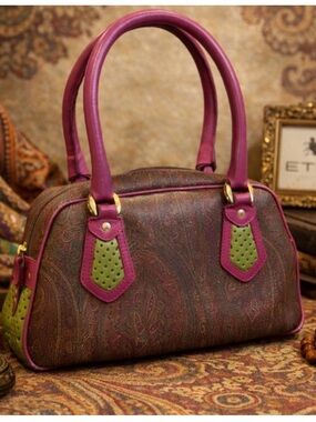 ETRO Stylish Purple & Green Paisley Print Canvas Coated & Leather BOSTON BAG